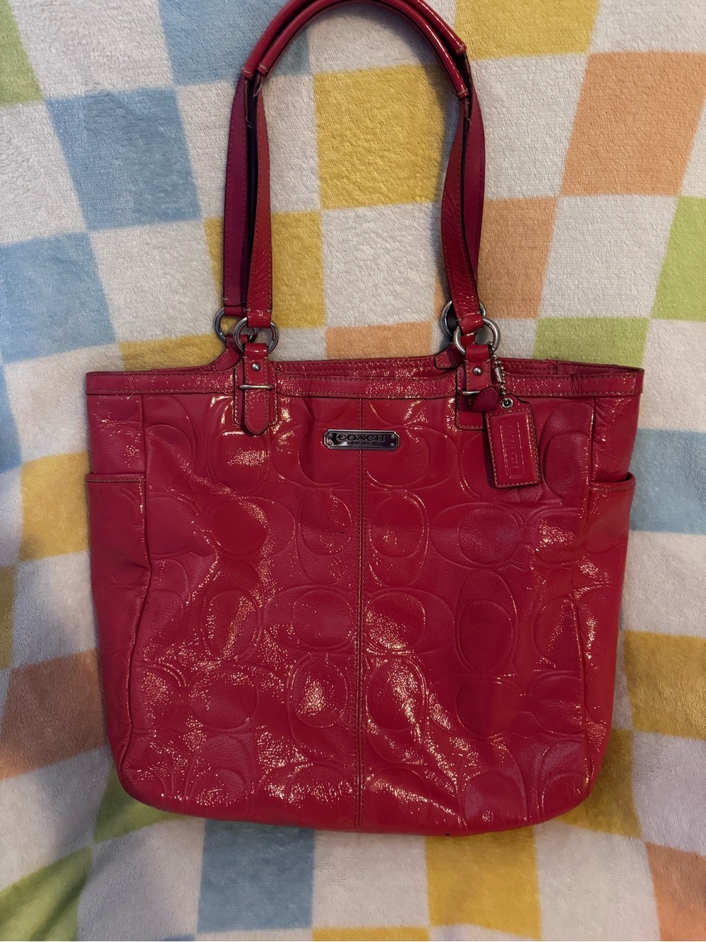 Coach Signature Patent Leather Tote Bag - hot pink